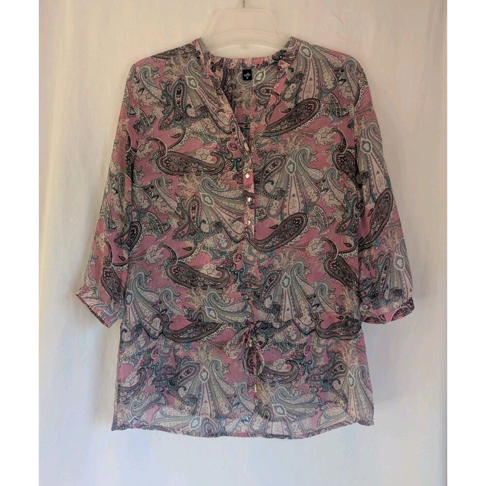 Zolla Blouse Top Women's Sz M Paisley V-Neck  3/4 Sleeves Pink Green